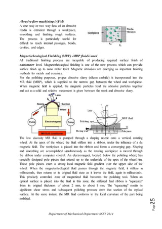 Department of Mechanical Department SSET 2014
Page25
Abrasive flow machining (AFM)
A one way or two way flow of an abrasive
media is extruded through a workpiece,
smoothing and finishing rough surfaces.
The process is particularly useful for
difficult to reach internal passages, bends,
cavities, and edges.
Magnetorheological Finishing (MRF) -MRP fluid is used
All traditional finishing process are incapable of producing required surface finish of
nanometer level. Magnetorheological finishing is one of the new process which can provide
surface finish up to nano meter level. Magnetic abrasives are emerging as important finishing
methods for metals and ceramics.
For the polishing purposes, proper abrasive slurry (silicon carbide) is incorporated into the
MR fluid (MRP), which is supplied to the narrow gap between the wheel and workpiece.
When magnetic field is applied, the magnetic particles hold the abrasive particles together
and act as a solid and relative movement is given between the work and abrasive slurry.
The low viscosity MR fluid is pumped through a shaping nozzle onto a vertical, rotating
wheel. At the apex of the wheel, the fluid stiffens into a ribbon, under the influence of a dc
magnetic field. The workpiece is placed into the ribbon and forms a converging gap. Shaping
and smoothing are accomplished simultaneously as the rotating workpiece is moved through
the ribbon under computer control. An electromagnet, located below the polishing wheel, has
specially designed pole pieces that extend up to the underside of the apex of the wheel rim.
These pole pieces exert a strong local magnetic field gradient over the upper side of the
wheel. When the magnetorheological fluid passes through the magnetic field, it stiffens in
milliseconds, then returns to its original fluid state as it leaves the field, again in milliseconds.
This precisely controlled zone of magnetized fluid becomes the polishing tool. When an
optical surface is placed into the fluid in this zone, the stiffened fluid ribbon is "squeezed"
from its original thickness of about 2 mm, to about l mm. The "squeezing" results in
significant shear stress and subsequent polishing pressure over that section of the optical
surface. At the same instant, the MR fluid conforms to the local curvature of the part being
polished.
 