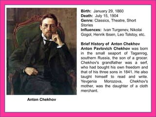 Birth: January 29, 1860
Death: July 15, 1904
Genre: Classics, Theatre, Short
Stories
Influences: Ivan Turgenev, Nikolai
Gogol, Henrik Ibsen, Leo Tolstoy, etc.
Brief History of Anton Chekhov
Anton Pavlovich Chekhov was born
in the small seaport of Taganrog,
southern Russia, the son of a grocer.
Chekhov's grandfather was a serf,
who had bought his own freedom and
that of his three sons in 1841. He also
taught himself to read and write.
Yevgenia Morozova, Chekhov's
mother, was the daughter of a cloth
merchant.
Anton Chekhov
 