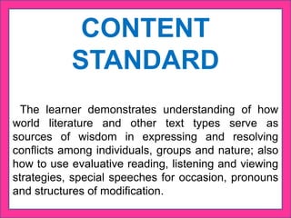 CONTENT
STANDARD
The learner demonstrates understanding of how
world literature and other text types serve as
sources of wisdom in expressing and resolving
conflicts among individuals, groups and nature; also
how to use evaluative reading, listening and viewing
strategies, special speeches for occasion, pronouns
and structures of modification.
 