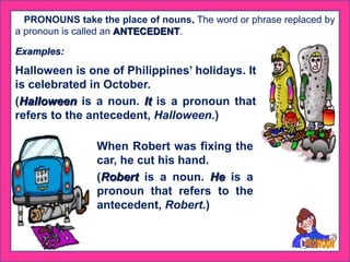 PRONOUNS take the place of nouns. The word or phrase replaced by
a pronoun is called an ANTECEDENT.
Examples:
Halloween is one of Philippines’ holidays. It
is celebrated in October.
(Halloween is a noun. It is a pronoun that
refers to the antecedent, Halloween.)
When Robert was fixing the
car, he cut his hand.
(Robert is a noun. He is a
pronoun that refers to the
antecedent, Robert.)
 
