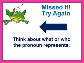 Think about what or who
the pronoun represents.
Missed it!
Try Again
 