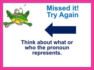 Think about what or
who the pronoun
represents.
Missed it!
Try Again
 