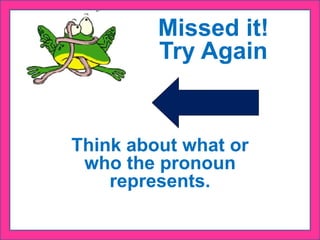 Think about what or
who the pronoun
represents.
Missed it!
Try Again
 