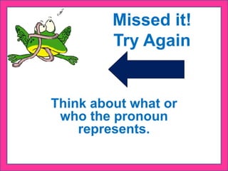 Missed it!
Try Again
Think about what or
who the pronoun
represents.
 