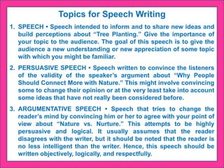 Topics for Speech Writing
1. SPEECH • Speech intended to inform and to share new ideas and
build perceptions about “Tree Planting.” Give the importance of
your topic to the audience. The goal of this speech is to give the
audience a new understanding or new appreciation of some topic
with which you might be familiar.
2. PERSUASIVE SPEECH • Speech written to convince the listeners
of the validity of the speaker’s argument about “Why People
Should Connect More with Nature.” This might involve convincing
some to change their opinion or at the very least take into account
some ideas that have not really been considered before.
3. ARGUMENTATIVE SPEECH • Speech that tries to change the
reader’s mind by convincing him or her to agree with your point of
view about “Nature vs. Nurture.” This attempts to be highly
persuasive and logical. It usually assumes that the reader
disagrees with the writer, but it should be noted that the reader is
no less intelligent than the writer. Hence, this speech should be
written objectively, logically, and respectfully.
 