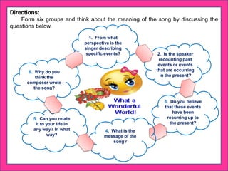 Directions:
Form six groups and think about the meaning of the song by discussing the
questions below.
1. From what
perspective is the
singer describing
specific events? 2. Is the speaker
recounting past
events or events
that are occurring
in the present?
3. Do you believe
that these events
have been
recurring up to
the present?
5. Can you relate
it to your life in
any way? In what
way?
4. What is the
message of the
song?
6. Why do you
think the
composer wrote
the song?
 