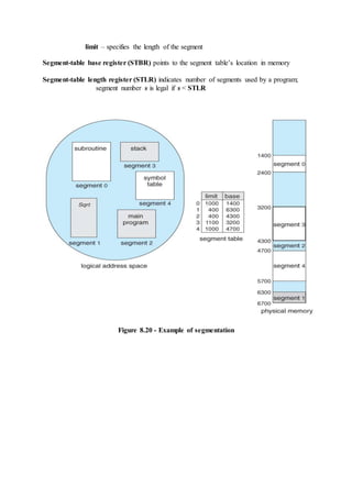 limit – specifies the length of the segment
Segment-table base register (STBR) points to the segment table’s location in memory
Segment-table length register (STLR) indicates number of segments used by a program;
segment number s is legal if s < STLR
Figure 8.20 - Example of segmentation
 