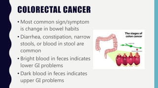 COLORECTAL CANCER
• Most common sign/symptom
is change in bowel habits
• Diarrhea, constipation, narrow
stools, or blood in stool are
common
• Bright blood in feces indicates
lower GI problems
• Dark blood in feces indicates
upper GI problems
 