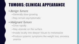 TUMORS: CLINICAL APPEARANCE
• Benign Tumors
–Generally slow-growing
–May remain asymptomatic
• Malignant Tumors
–Grow rapidly
–May ulcerate on the surface
–Invade locally into deeper tissues to metastasize
–Produce systemic symptoms like weight loss, anorexia,
anemia
 