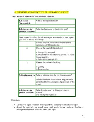 5
4) ELEMENTS AND OBJECTIVES OF LITERATURE SURVEY
The Literature Review has four essential elements.
1. General
Statement(s):
What is this section about?
2. Reference to
previous research:
What has been done before in this area?
Once you've identified the references you want to cite in your report
you need to decide on 3 things:
1. Choose whether you want to emphasize the
information OR the author(s)
2. Choose the order of the citations:
a. Grouped by approach.
b. Ordered from distant (more general) to close
(more specific).
c. Ordered chronologically
3. Choose the method of writing:
i. Quoting
ii. Paraphrasing
3. Gap in research: What is missing from the previous research?
This section leads to the reason why you have
carried out the research project presented in this
report.
4. Reference to
present research:
What does the study in this report plan to
achieve?
(Re-stating the objective)
Objectives
 Define your topic: you must define your topic and components of your topic
 Search for materials: use search tools (such as the library catalogue, databases,
bibliographies) to find materials about your topic
 