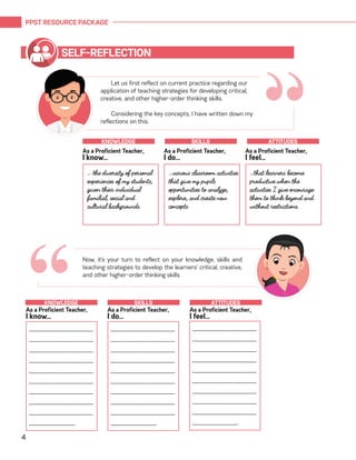 PPST RESOURCE PACKAGE
4
“
Let us first reflect on current practice regarding our
application of teaching strategies for developing critical,
creative, and other higher-order thinking skills.
Considering the key concepts, I have written down my
reflections on this.
SELF-REFLECTION
… the diversity of personal
experiences of my students,
given their individual
familial, social and
cultural backgrounds.
…various classroom activities
that give my pupils
opportunities to analyze,
explore, and create new
concepts.
…that learners become
productive when the
activities I give encourage
them to think beyond and
without restrictions.
As a Proficient Teacher,
I know…
As a Proficient Teacher,
I do…
As a Proficient Teacher,
I feel…
KNOWLEDGE SKILLS ATTITUDES
Now, it’s your turn to reflect on your knowledge, skills and
teaching strategies to develop the learners’ critical, creative,
and other higher-order thinking skills
“_________________________
________________________
_________________________
_________________________
_________________________
________________________
_________________________
_________________________
_________________________
__________________.
As a Proficient Teacher,
I know…
As a Proficient Teacher,
I do…
As a Proficient Teacher,
I feel…
KNOWLEDGE SKILLS ATTITUDES
_________________________
________________________
_________________________
_________________________
_________________________
________________________
_________________________
_________________________
_________________________
__________________.
_________________________
________________________
_________________________
_________________________
_________________________
________________________
_________________________
_________________________
_________________________
__________________.
 