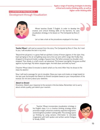 MODULE3
13
Apply a range of teaching strategies to develop
critical and creative thinking skills, as well as
higher-order thinking skills
Teacher Mhawi: I will read an excerpt from the story The Centipede by Rony V. Diaz. As I read
to you, I will visualize the text in my mind.
“Beyond the ipil grove, in a grass field we spotted a covey of brown pigeons. In the open, they
kept springing to the air and gliding away every time we were within range. But finally, they
dropped to the ground inside a wedge of guava trees. My father pressed my shoulder and I
stopped. Then slowly, in a half-crouch, we advanced. The breeze rose lightly; the grass scuffed
against my bare legs. My father stopped again. He knelt down and held my hand. “
(Teacher Mhawi takes 5 minutes to sketch what’s on his mind. After that, he shows to the
class his sketch.)
Now, I will read a passage for you to visualize. Close your eyes and create an image based on
the text read. Accomplish the Sketch-to-Stretch template based on your interpretation of the
excerpt. Do not worry about your sketches.
Sketch-to-Stretch
Directions: Sketch your response to the excerpt in the box below. Remember not to worry
about artistic quality; just sketch your reaction.
Development through Visualization
ILLUSTRATION OF PRACTICE NO. 3:
“Mhawi teaches Grade 7 English. In order to develop the
creative and critical thinking skills of his learners, he uses
visualization strategy in his lesson on The Centipede by Rony V.
Diaz.
Let us take a look at the procedures employed in his class.
Teacher Mhawi incorporates visualization strategy in
his English class. It is a creative thinking strategy which
promotes insight, enhances creativity, expands imagination,
and strengthens problem-solving skills. This strategy opens
up thinking by using sensory information to stimulate
imagination with both spoken and written words (Calagua
& Tenally, 2014).
“
 