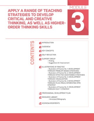 01
3
APPLY A RANGE OF TEACHING
STRATEGIES TO DEVELOP
CRITICAL AND CREATIVE
THINKING, AS WELL AS HIGHER-
ORDER THINKING SKILLS
MODULE
INTRODUCTION
OVERVIEW
KEY CONCEPTS
SELF-REFLECTION
SUPPORT GROUP
	 - Probing
	 - Suggestions for Improvement
ILLUSTRATIONS OF PRACTICE
- Illustration of Practice No. 1: DEVELOPMENT
THROUGH PROBLEM-BASED STRATEGIES
- Illustration of Practice No. 2: DEVELOPMENT
THROUGH EFFECTIVE QUESTIONING STRATEGIES
- Illustration of Practice No. 3: DEVELOPMENT
THROUGH VISUALIZATION
- Illustration of Practice No. 4 DEVELOPMENT
THROUGH PLUS, MINUS, INTERESTING (PMI)
STRATEGY
- Illustration of Practice No. 5: DEVELOPMENT
THROUGH R.A.F.T. STRATEGY
PROFESSIONAL DEVELOPMENT PLAN
RESOURCE LIBRARY
- Annotated Bibliography
ACKNOWLEDGEMENTS
2
ii
3
4
5
8
20
21
CONTENTS
22
 