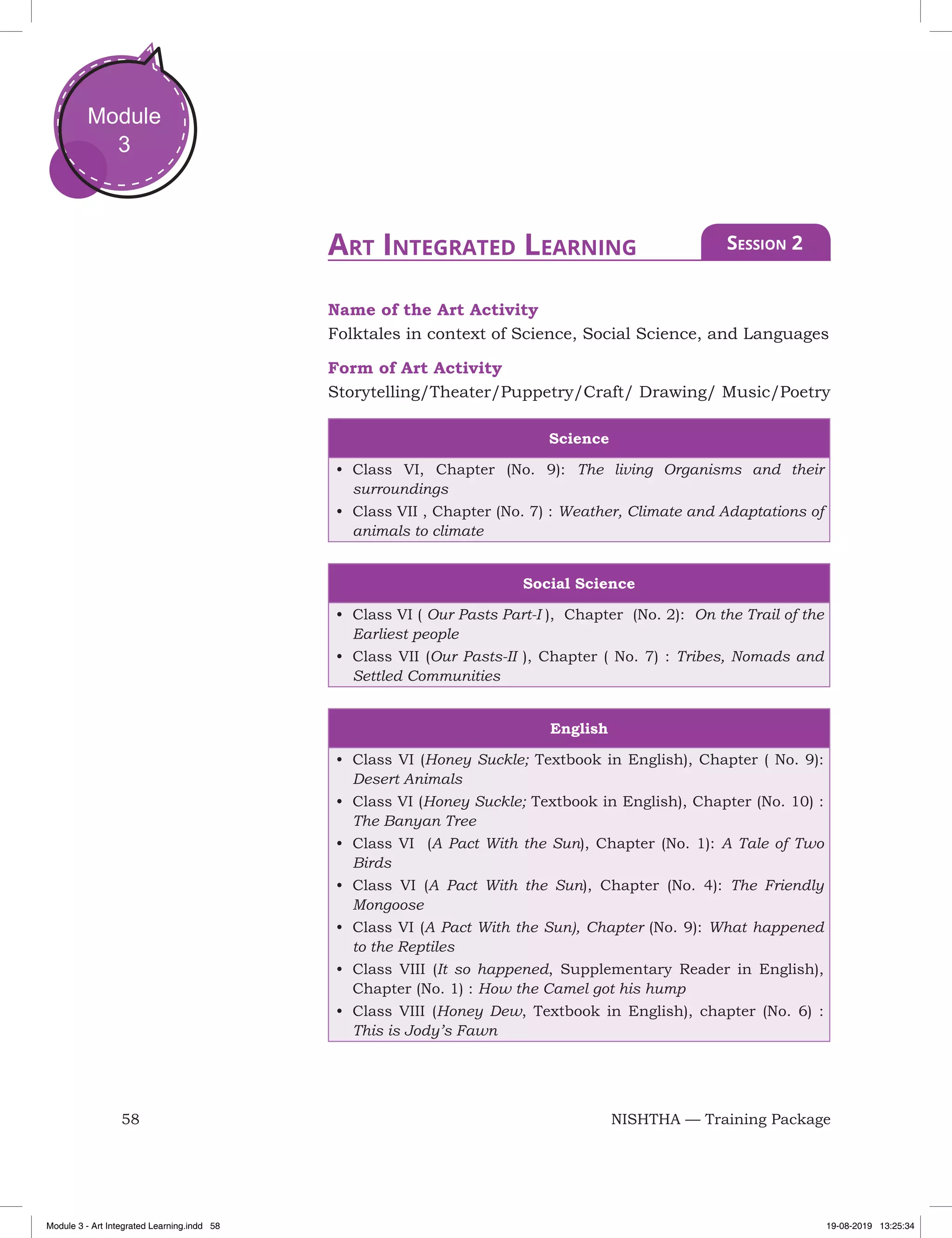 58 NISHTHA — Training Package
Module
3
Name of the Art Activity
Folktales in context of Science, Social Science, and Languages
Form of Art Activity
Storytelling/Theater/Puppetry/Craft/ Drawing/ Music/Poetry
Science
•	 Class VI, Chapter (No. 9): The living Organisms and their
surroundings
•	 Class VII , Chapter (No. 7) : Weather, Climate and Adaptations of
animals to climate
Social Science
•	 Class VI ( Our Pasts Part-I ), Chapter (No. 2): On the Trail of the
Earliest people
•	 Class VII (Our Pasts-II ), Chapter ( No. 7) : Tribes, Nomads and
Settled Communities
English
•	 Class VI (Honey Suckle; Textbook in English), Chapter ( No. 9):
Desert Animals
•	 Class VI (Honey Suckle; Textbook in English), Chapter (No. 10) :
The Banyan Tree
•	 Class VI (A Pact With the Sun), Chapter (No. 1): A Tale of Two
Birds
•	 Class VI (A Pact With the Sun), Chapter (No. 4): The Friendly
Mongoose
•	 Class VI (A Pact With the Sun), Chapter (No. 9): What happened
to the Reptiles
•	 Class VIII (It so happened, Supplementary Reader in English),
Chapter (No. 1) : How the Camel got his hump
•	 Class VIII (Honey Dew, Textbook in English), chapter (No. 6) :
This is Jody’s Fawn
Art Integrated Learning Session 2
Module 3 - Art Integrated Learning.indd 58 19-08-2019 13:25:34
 