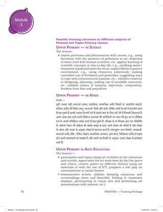 56 NISHTHA — Training Package
Module
3
Possible learning outcomes in different subjects of
Primary and Upper Primary classes
Upper Primary — in Science
The learner:
•	relates processes and phenomenon with causes, e.g., smog
formation with the presence of pollutants in air; depletion
of water level with human activities, etc. applies learning of
scientific concepts in day-to-day life, e.g., purifying water/
treatment of polluted water for reuse; makes efforts to protect
environment, e.g., using resources judiciously; making
controlled use of fertilisers and pesticides; suggesting ways
to cope with environmental hazards, etc., exhibits creativity
in designing, planning, making use of available resources,
etc. exhibits values of honesty, objectivity, cooperation,
freedom from fear and prejudices.
Upper Primary — in Hindi
पाठक —
सुनी अथवा पढ़ी रचनाओं (हास्य, साहसिक, सामाजिक आदि विषयों पर आधारित कहानी,
कविता आदि) की विषय-वस्तु, घटनाओं, चित्रों और पात्रों, शीर्षक आदि के बारे में बातचीत करते
हैं/प्रश्न पुछते हैं/अपनी स्वतंत्र टिप्पणी देते हैं/अपनी बात के लिए तर्क देते हैं/निष्कर्ष निकालते हैं|
अपने आस-पास घटने वाली विभिन्न घटनाओंकी बारीकियों पर ध्यान देते हुए उन पर मौखिक
रूप से अपनी प्रतिक्रिया व्यक्‍त करते हैं/प्रश्न पुछते हैं| स्वेच्छा से या शिक्षक द्वारा तय गतिविधि
के अंतगर्त लेखन की प्रक्रिया की बेहतर समझ के साथ अपने लेखन को जाँचते हैं और लेखन
के उदेश्य और पाठक के अनुसार लेखन में बदलाव करते हैं। स्तरानुसार अन्य विषयों, व्यवसायों,
कलाओंआदि (जैसे– गणित, विज्ञान, सामाजिक अध्ययन, नृत्य कला, चिकित्सा आदि) में प्रयुक्त
होने वाली शब्दावली को समझते हैं और संदर्भ एवं स्थिति के अनुसार उनका लेखन में इस्तेमाल
करते हैं|
Upper Primary in Arts Education
The learner —
•	participates and enjoys doing art activities in the classroom
and outside, appreciates the art work done by his/her peers
and others, creates poster on different themes using art
materials or with the use of ICT, prepares a role play on
environmental or social themes.
•	demonstrates artistic abilities (keeping classroom and
surroundings clean and beautiful, helping in classroom
displays, participating in visual arts and performing art
presentations with interest, etc.)
Module 3 - Art Integrated Learning.indd 56 19-08-2019 13:25:34
 