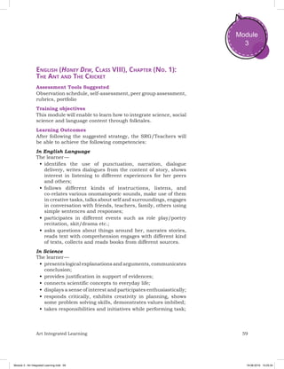 59Art Integrated Learning
Module
3
English (Honey Dew, Class VIII), Chapter (No. 1):
The Ant and The Cricket
Assessment Tools Suggested
Observation schedule, self-assessment, peer group assessment,
rubrics, portfolio
Training objectives
This module will enable to learn how to integrate science, social
science and language content through folktales.
Learning Outcomes
After following the suggested strategy, the SRG/Teachers will
be able to achieve the following competencies:
In English Language
The learner —
•	identifies the use of punctuation, narration, dialogue
delivery, writes dialogues from the content of story, shows
interest in listening to different experiences for her peers
and others;
•	follows different kinds of instructions, listens, and
co-relates various onomatopoeic sounds, make use of them
in creative tasks, talks about self and surroundings, engages
in conversation with friends, teachers, family, others using
simple sentences and responses;
•	participates in different events such as role play/poetry
recitation, skit/drama etc.;
•	asks questions about things around her, narrates stories,
reads text with comprehension engages with different kind
of texts, collects and reads books from different sources.
In Science
The learner —
•	presents logical explanations and arguments, communicates
conclusion;
•	provides justification in support of evidences;
•	connects scientific concepts to everyday life;
•	displays a sense of interest and participates enthusiastically;
•	responds critically, exhibits creativity in planning, shows
some problem solving skills, demonstrates values imbibed;
•	takes responsibilities and initiatives while performing task;
Module 3 - Art Integrated Learning.indd 59 19-08-2019 13:25:34
 