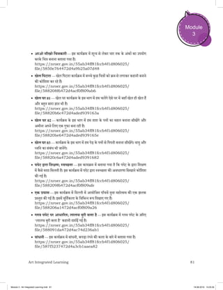 81Art Integrated Learning
Module
3
•	आओ सीखो चित्रकारी — इस कार्यक्रम में शून्य से लेकर चार तक के अंकों का उपयोग
करके चित्र बनाना बताया गया है।
https://nroer.gov.in/55ab34ff81fccb4f1d806025/
file/5850e764472d4a9b25a07d48
•	खेल पिटारा — खेल पिटारा कार्यक्रम में बच्चे कुछ चित्रों को क्रम से लगाकर कहानी बनाने
की कोशिश कर रहे हैं।
https://nroer.gov.in/55ab34ff81fccb4f1d806025/
file/588208f6472d4acf0f809ab6
•	खेल घर 01 — खेल घर कार्यक्रम के इस भाग में हम चलेंगे ऐसे घर में जहाँ खेल ही खेल हैं
और बहुत सारा ज्ञान भी है।
https://nroer.gov.in/55ab34ff81fccb4f1d806025/
file/58820b6c472d4aded939163a
•	खेल घर 02 — कार्यक्रम के इस भाग में हम ताश के पत्तों का महल बनाना सीखेंगे और
अमीना अपने लिए एक गुफा बना रही है।
https://nroer.gov.in/55ab34ff81fccb4f1d806025/
file/58820be6472d4aded939165e
•	खेल घर 03 — कार्यक्रम के इस भाग में हम पेड़ के पत्तों से पिपनी बनाना सीखेंगे। वायु और
ध्वनि का संबंध भी जानेंगे।
https://nroer.gov.in/55ab34ff81fccb4f1d806025/
file/58820c6a472d4aded9391682
•	पपेट द्वारा शिक्षण; स्वच्‍छता — इस कायक्रम में बताया गया है कि पपेट के द्वारा शिक्षण
में कै से मदद मिलती है। इस कार्यक्रम में पपेट द्वारा स्वच्छता की अवधारणा सिखाने कोशिश
की गई है।
https://nroer.gov.in/55ab34ff81fccb4f1d806025/
file/588209f6472d4acf0f809afe
•	एक प्रयास — इस कार्यक्रम में दिल्ली में आयोजित पाँचवें युवा महोत्सव की एक झलक
प्रस्तुत की गई है। इसमें मूर्तिकला के विभिन्न रूप दिखाए गए हैं।
https://nroer.gov.in/55ab34ff81fccb4f1d806025/
file/588206a1472d4acf0f809a26
•	ग्लव पपेट पर आधारित; लालच बुरी बला है — इस कार्यक्रम में ग्लव पपेट के ज़रिए
‘लालच बुरी बला है’ कहानी दर्शाई गई है।
https://nroer.gov.in/55ab34ff81fccb4f1d806025/
file/588091da472d4ac74d236ab1
•	बांधनी — इस कार्यक्रम में बांधनी, कपड़ा रंगने की कला के बारे में बताया गया है।
https://nroer.gov.in/55ab34ff81fccb4f1d806025/
file/587f5237472d4a3cb1aaea82
Module 3 - Art Integrated Learning.indd 81 19-08-2019 13:25:35
 
