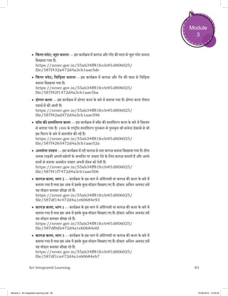 83Art Integrated Learning
Module
3
•	फिं गर पपेट; चूहा बनाना — इस कार्यक्रम में कागज़ और गोंद की मदद से चूहा पपेट बनाना
सिखाया गया है।
https://nroer.gov.in/55ab34ff81fccb4f1d806025/
file/587f432a472d4a3cb1aae5de
•	फिं गर पपेट; चिड़िया बनाना — इस कार्यक्रम में कागज़ और गेंद की मदद से चिड़िया
बनाना सिखाया गया है।
https://nroer.gov.in/55ab34ff81fccb4f1d806025/
file/587f42f1472d4a3cb1aae5ba
•	डोगरा कला — इस कार्यक्रम में डोगरा कला के बारे में बताया गया है। डोगरा कला पीतल
पदार्थ में की जाती है।
https://nroer.gov.in/55ab34ff81fccb4f1d806025/
file/587f42ad472d4a3cb1aae596
•	बाँस की हस्तशिल्प कला — इस कार्यक्रम में बाँस की हस्तशिल्प कला के बारे में विस्तार
से बताया गया है। 1999 के राष्ट्रीय हस्तशिल्प पुरस्कार से पुरस्कृत श्री मानेन्द्र डेकासे से भी
इस शिल्प के बारे में बातचीत की गई है।
https://nroer.gov.in/55ab34ff81fccb4f1d806025/
file/587f4265472d4a3cb1aae52a
•	अनमोल उपहार — इस कार्यक्रम में रद्दी कागज़ से नया कागज़ बनाना सिखाया गया है। दीपा
नामक लड़की अपनी सहेली के जन्मदिन पर उपहार देने के लिए कागज़ बनाती है और अपने
हाथों से बनाया अनमोल उपहार अपनी दोस्त को देती है।
https://nroer.gov.in/55ab34ff81fccb4f1d806025/
file/587f41f7472d4a3cb1aae506
•	कागज़ कला, भाग 2 — कार्यक्रम के इस भाग में ऑरिगामी या कागज़ की कला के बारे में
बताया गया है तथा इस अंक में इसके कुछ मॉडल सिखाए गए हैं। डॉक्टर अनिल अवचट हमें
यह मॉडल बनाकर सीखा रहे हैं।
https://nroer.gov.in/55ab34ff81fccb4f1d806025/
file/587df14c472d4a1e60684e93
•	कागज़ कला, भाग 1 — कार्यक्रम के इस भाग में ऑरिगामी या कागज़ की कला के बारे में
बताया गया है तथा इस अंक में इसके कुछ मॉडल सिखाए गए हैं। डॉक्टर अनिल अवचट हमें
यह मॉडल बनाकर सीखा रहे हैं।
https://nroer.gov.in/55ab34ff81fccb4f1d806025/
file/587df0db472d4a1e60684e6f
•	कागज़ कला, भाग 3 — कार्यक्रम के इस भाग में ऑरिगामी या कागज़ की कला के बारे में
बताया गया है तथा इस अंक में इसके कुछ मॉडल सिखाए गए हैं। डॉक्टर अनिल अवचट हमें
यह मॉडल बनाकर सीखा रहे हैं।
https://nroer.gov.in/55ab34ff81fccb4f1d806025/
file/587df1ca472d4a1e60684eb7
Module 3 - Art Integrated Learning.indd 83 19-08-2019 13:25:35
 