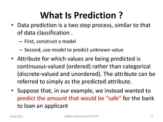 What Is Prediction ?
• Data prediction is a two step process, similar to that
of data classification .
– First, construct a model
– Second, use model to predict unknown value
• Attribute for which values are being predicted is
continuous-valued (ordered) rather than categorical
(discrete-valued and unordered). The attribute can be
referred to simply as the predicted attribute.
• Suppose that, in our example, we instead wanted to
predict the amount that would be “safe” for the bank
to loan an applicant
6/30/2020 NIMMY RAJU,AP,VKCET,TVM 11
 