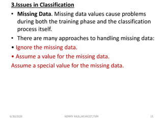 3.Issues in Classification
• Missing Data. Missing data values cause problems
during both the training phase and the classification
process itself.
• There are many approaches to handling missing data:
• Ignore the missing data.
• Assume a value for the missing data.
Assume a special value for the missing data.
6/30/2020 NIMMY RAJU,AP,VKCET,TVM 15
 