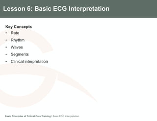 Components of the Gradian CCV SystemLesson 6: Basic ECG Interpretation
Key Concepts
• Rate
• Rhythm
• Waves
• Segments
• Clinical interpretation
Basic Principles of Critical Care Training I Basic ECG Interpretation
 