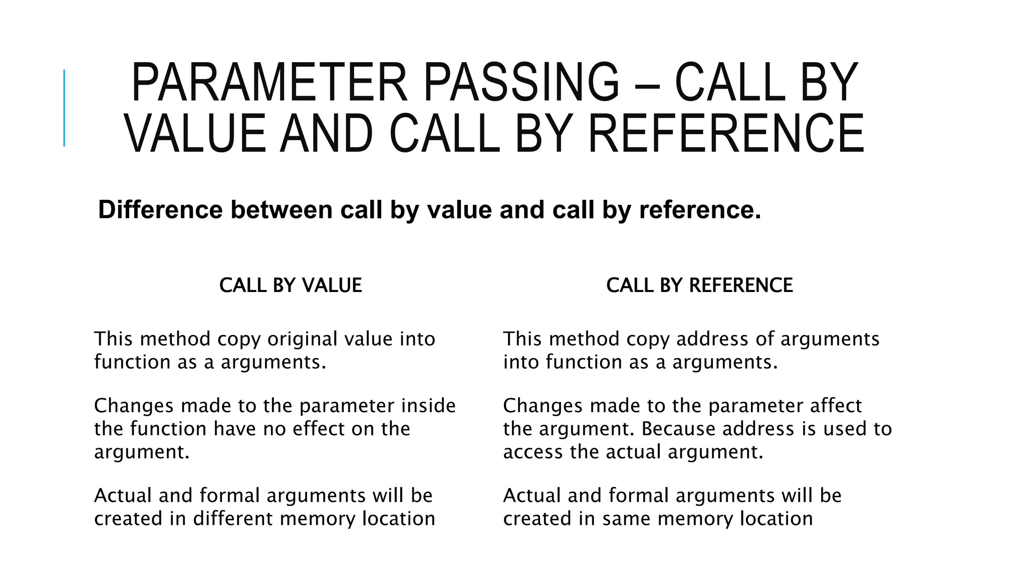 PARAMETER PASSING – CALL BY VALUE AND CALL BY REFERENCE Difference between call by value and call by reference. CALL BY VALUE CALL BY REFERENCE This method copy original value into function as a arguments. This method copy address of arguments into function as a arguments. Changes made to the parameter inside the function have no effect on the argument. Changes made to the parameter affect the argument. Because address is used to access the actual argument. Actual and formal arguments will be created in different memory location Actual and formal arguments will be created in same memory location 