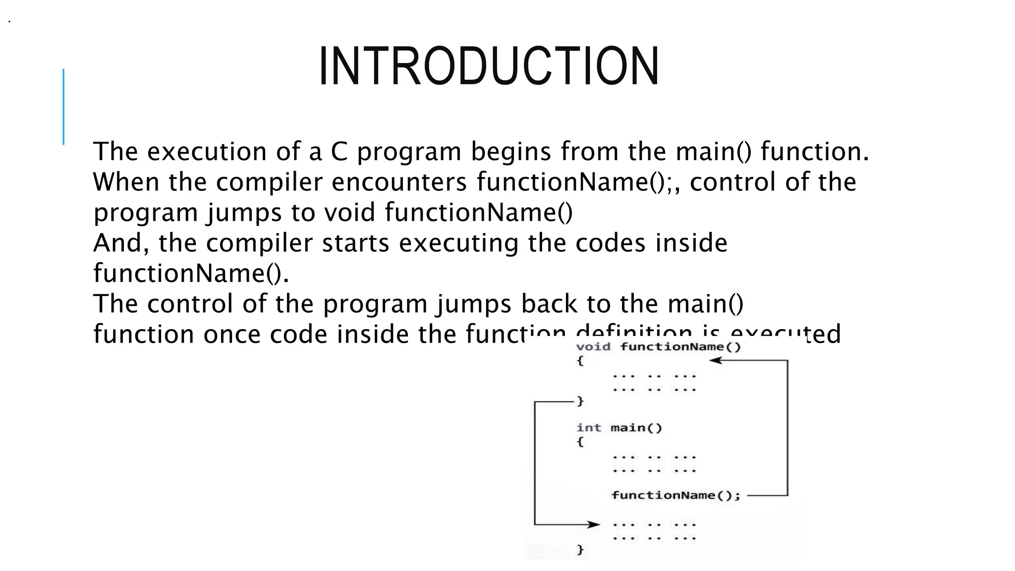 INTRODUCTION The execution of a C program begins from the main() function. When the compiler encounters functionName();, control of the program jumps to void functionName() And, the compiler starts executing the codes inside functionName(). The control of the program jumps back to the main() function once code inside the function definition is executed . 