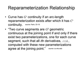 Reparameterization Relationship
• Curve has Gr continuity if an arc-length
reparameterization exists after which it has Cr
continuity.
• “Two curve segments are Gk geometric
continuous at the joining point if and only if there
exist two parameterizations, one for each curve
segment, such that all ith derivatives, ,
computed with these new parameterizations
agree at the joining point.”
source: Farin, Ch 10
source: cs.mtu.edu
k
i 
 