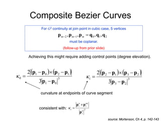 Composite Bezier Curves
source: Mortenson, Ch 4, p. 142-143
2
1
0
1
2 ,
,
,
, q
q
q
p
p
p 

 m
m
m
For G2 continuity at join point in cubic case, 5 vertices
must be coplanar.
(follow-up from prior slide)
Achieving this might require adding control points (degree elevation).
   
3
0
1
1
2
0
1
0
3
2
p
p
p
p
p
p






   
3
2
3
2
3
1
2
1
3
2
p
p
p
p
p
p






curvature at endpoints of curve segment
3
u
i
uu
i
u
i
i
p
p
p 


consistent with:
 