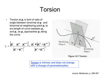 Torsion
• Torsion at pi is limit of ratio of
angle between binormal at pi and
binormal at neighboring point ph to
arc-length of curve between ph
and pi, as ph approaches pi along
the curve.
source: Mortenson, p. 394-397
   
2
2 uu
i
u
i
uuu
i
uu
i
u
i
uu
i
u
i
uuu
i
uu
i
u
i
i
p
p
p
p
p
p
p
p
p
p







Torsion is intrinsic and does not change
with a change of parameterization.
 