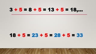 3 + 5 = 8 + 5 = 13 + 5 = 18,…
18 + 5 = 23 + 5 = 28 + 5 = 33
 