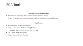 EDA Tools
EDA - electronic design automation.
• It is a software application that is used to develop electronic circuits.
• To ease the designing of integrated circuits on a large scale, companies use EDA tools.
Tools Required
• Innovus / ICC2 (for Floorplan to Route),
• Tempus / Prime Time (for Static Timing Analysis)
• PVS / Caliber (for Physical Verification like DRC, LVS)
• QRC / StarRC (for RC Extraction)
• Voltus / Redhawk (Power Analysis)
 