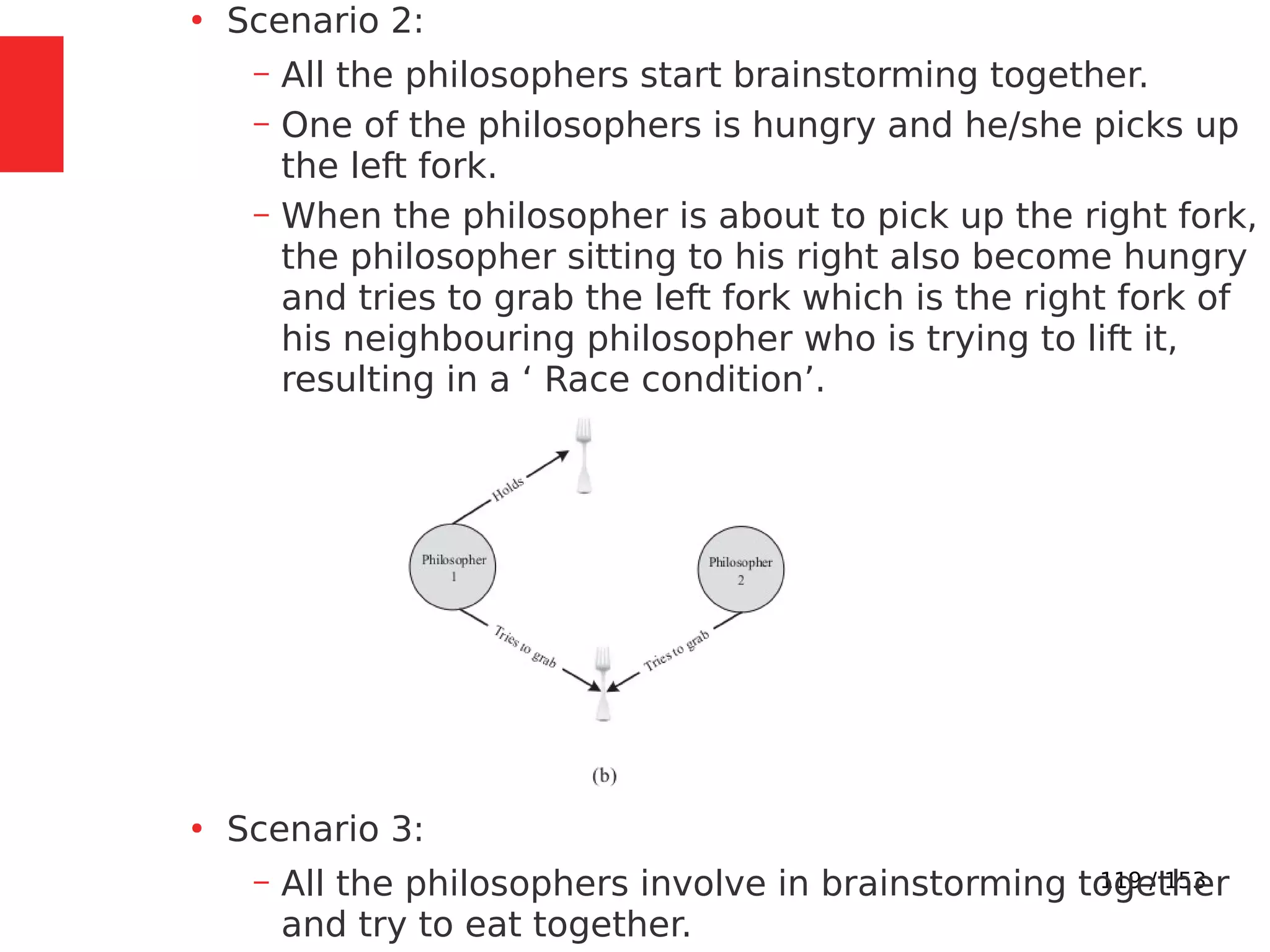 119 / 153
●
Scenario 2:
– All the philosophers start brainstorming together.
– One of the philosophers is hungry and he/she picks up
the left fork.
– When the philosopher is about to pick up the right fork,
the philosopher sitting to his right also become hungry
and tries to grab the left fork which is the right fork of
his neighbouring philosopher who is trying to lift it,
resulting in a ‘ Race condition’.
●
Scenario 3:
– All the philosophers involve in brainstorming together
and try to eat together.
 