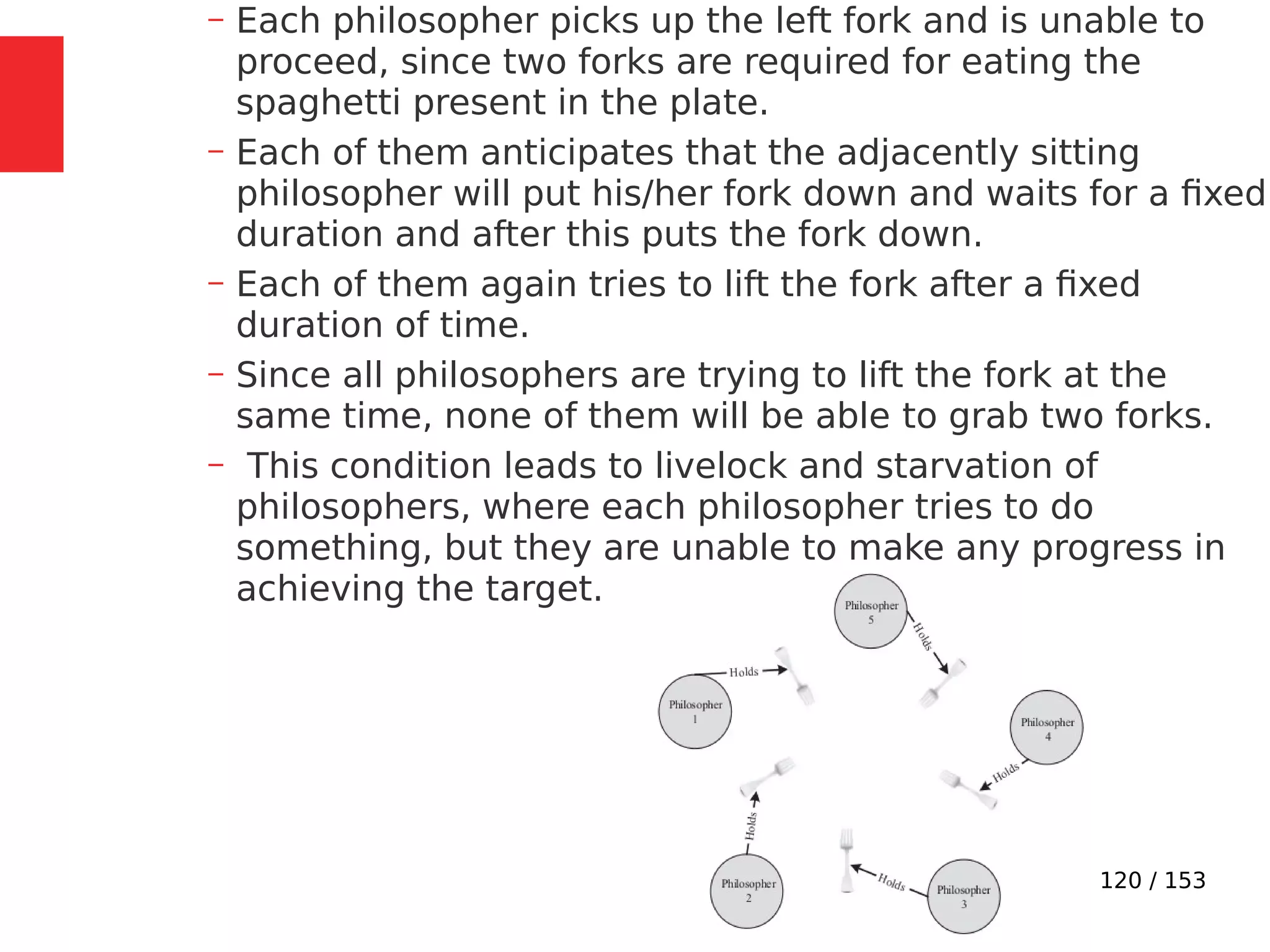 120 / 153
– Each philosopher picks up the left fork and is unable to
proceed, since two forks are required for eating the
spaghetti present in the plate.
– Each of them anticipates that the adjacently sitting
philosopher will put his/her fork down and waits for a ﬁxed
duration and after this puts the fork down.
– Each of them again tries to lift the fork after a ﬁxed
duration of time.
– Since all philosophers are trying to lift the fork at the
same time, none of them will be able to grab two forks.
– This condition leads to livelock and starvation of
philosophers, where each philosopher tries to do
something, but they are unable to make any progress in
achieving the target.
 
