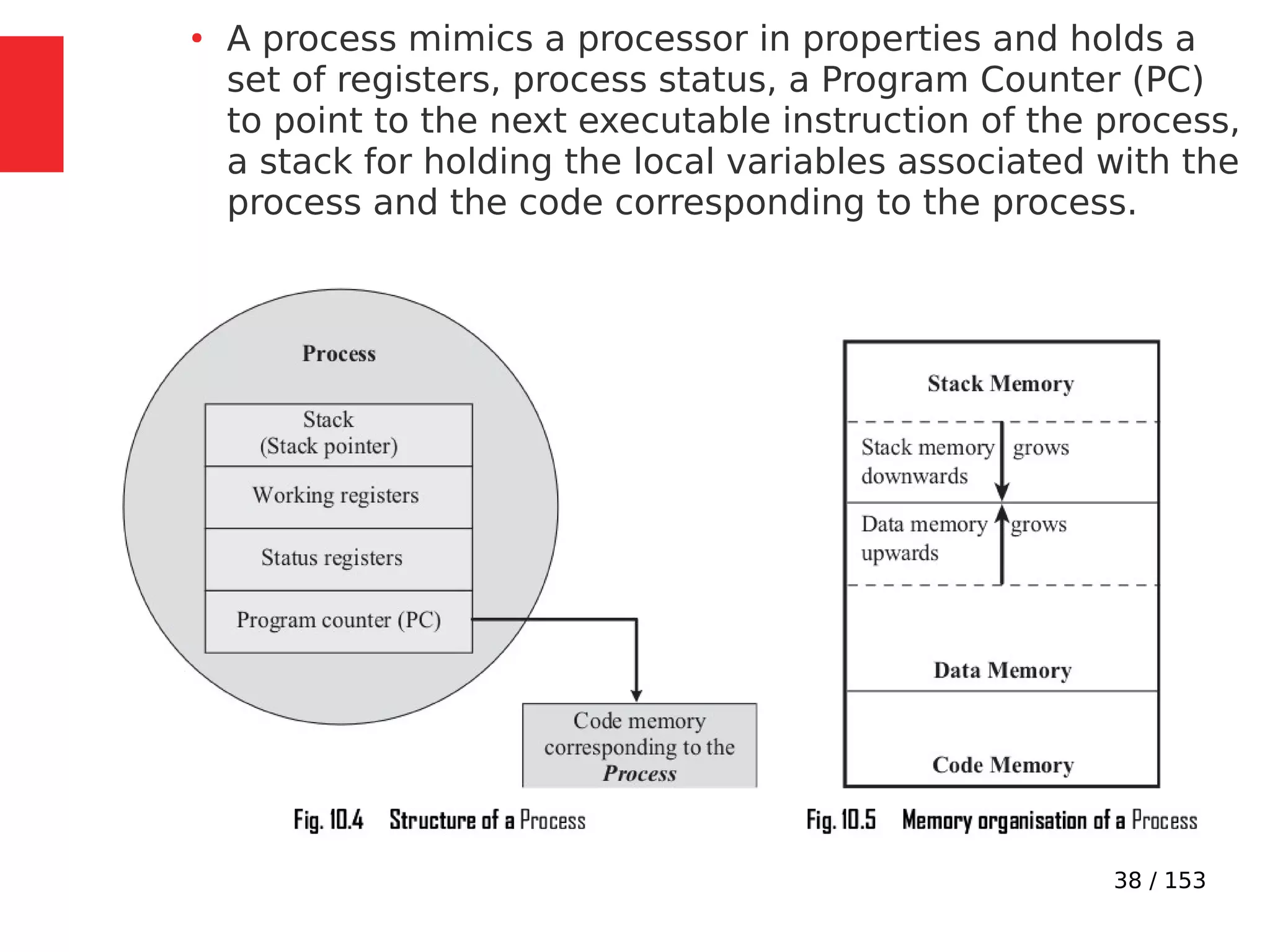 38 / 153
●
A process mimics a processor in properties and holds a
set of registers, process status, a Program Counter (PC)
to point to the next executable instruction of the process,
a stack for holding the local variables associated with the
process and the code corresponding to the process.
 