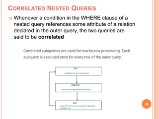 CORRELATED NESTED QUERIES
 Whenever a condition in the WHERE clause of a
nested query references some attribute of a relation
declared in the outer query, the two queries are
said to be correlated
30
 