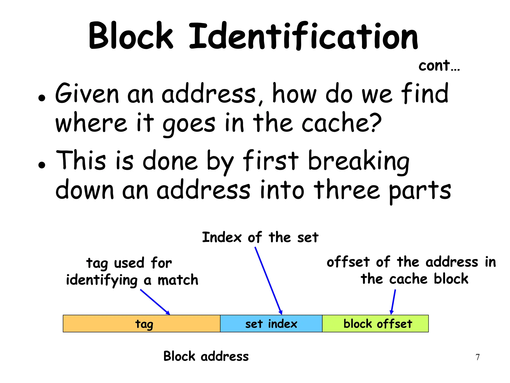 7
Block Identification
cont…
 Given an address, how do we find
where it goes in the cache?
 This is done by first breaking
down an address into three parts
offset of the address in
the cache block
Index of the set
tag used for
identifying a match
block offset
set index
tag
Block address
 