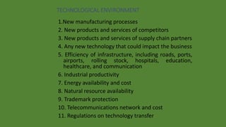 TECHNOLOGICAL ENVIRONMENT
1.New manufacturing processes
2. New products and services of competitors
3. New products and services of supply chain partners
4. Any new technology that could impact the business
5. Efficiency of infrastructure, including roads, ports,
airports, rolling stock, hospitals, education,
healthcare, and communication
6. Industrial productivity
7. Energy availability and cost
8. Natural resource availability
9. Trademark protection
10. Telecommunications network and cost
11. Regulations on technology transfer
 