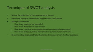 (c) Dr. Azhar Kazmi 2008 24
Technique of SWOT analysis
• Setting the objectives of the organization or its unit
• Identifying strengths, weaknesses, opportunities, and threats
• Asking four questions
• How do we maximise our strengths?
• How do we minimise our weaknesses?
• How do we capitalise on the opportunities in our external environment?
• How do we protect ourselves from threats in our external environment?
• Recommending strategies that will optimise the answers from the four questions
 