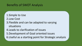 Benefits of SWOT Analysis
1.Simple to Use
2.Low Cost
3.Flexible and can be adapted to varying
situations
4.Leads to clarification of issues
5.Development of Goal oriented issues
6.Useful as a starting point for Strategic analysis
 