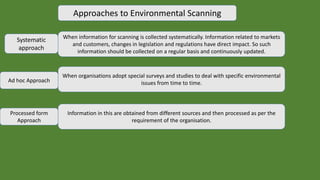 Approaches to Environmental Scanning
Systematic
approach
When information for scanning is collected systematically. Information related to markets
and customers, changes in legislation and regulations have direct impact. So such
information should be collected on a regular basis and continuously updated.
Ad hoc Approach
When organisations adopt special surveys and studies to deal with specific environmental
issues from time to time.
Information in this are obtained from different sources and then processed as per the
requirement of the organisation.
Processed form
Approach
 
