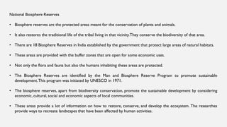 National Biosphere Reserves
• Biosphere reserves are the protected areas meant for the conservation of plants and animals.
• It also restores the traditional life of the tribal living in that vicinity.They conserve the biodiversity of that area.
• There are 18 Biosphere Reserves in India established by the government that protect large areas of natural habitats.
• These areas are provided with the buffer zones that are open for some economic uses.
• Not only the flora and fauna but also the humans inhabiting these areas are protected.
• The Biosphere Reserves are identified by the Man and Biosphere Reserve Program to promote sustainable
development.This program was initiated by UNESCO in 1971.
• The biosphere reserves, apart from biodiversity conservation, promote the sustainable development by considering
economic, cultural, social and economic aspects of local communities.
• These areas provide a lot of information on how to restore, conserve, and develop the ecosystem. The researches
provide ways to recreate landscapes that have been affected by human activities.
 