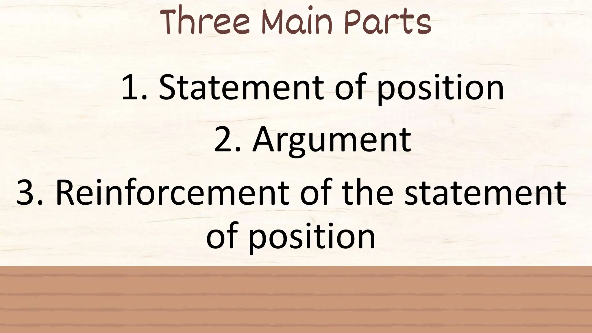 Three Main Parts
1. Statement of position
2. Argument
3. Reinforcement of the statement
of position
 