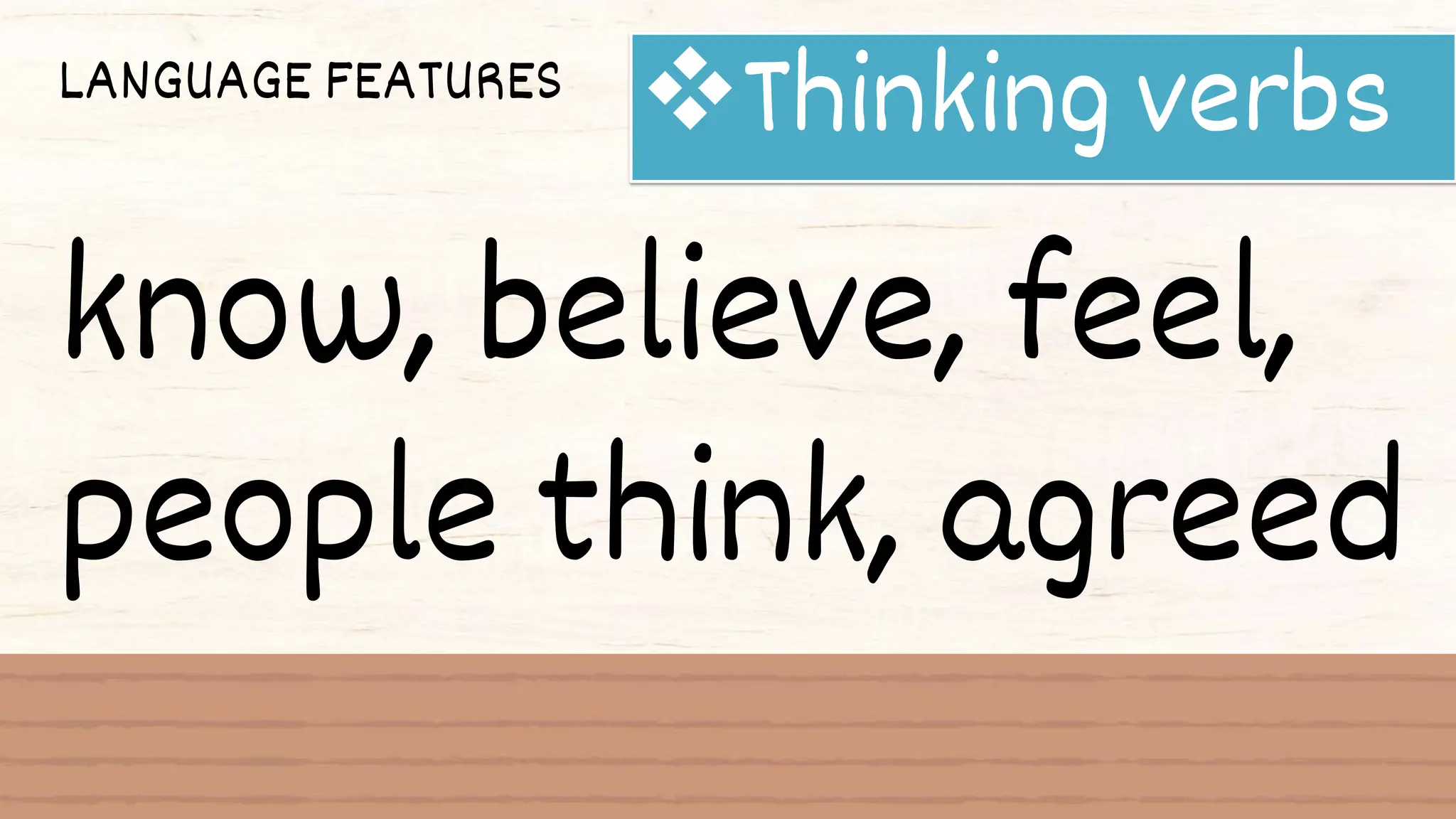 LANGUAGE FEATURES
Thinking verbs
know, believe, feel,
people think, agreed
 