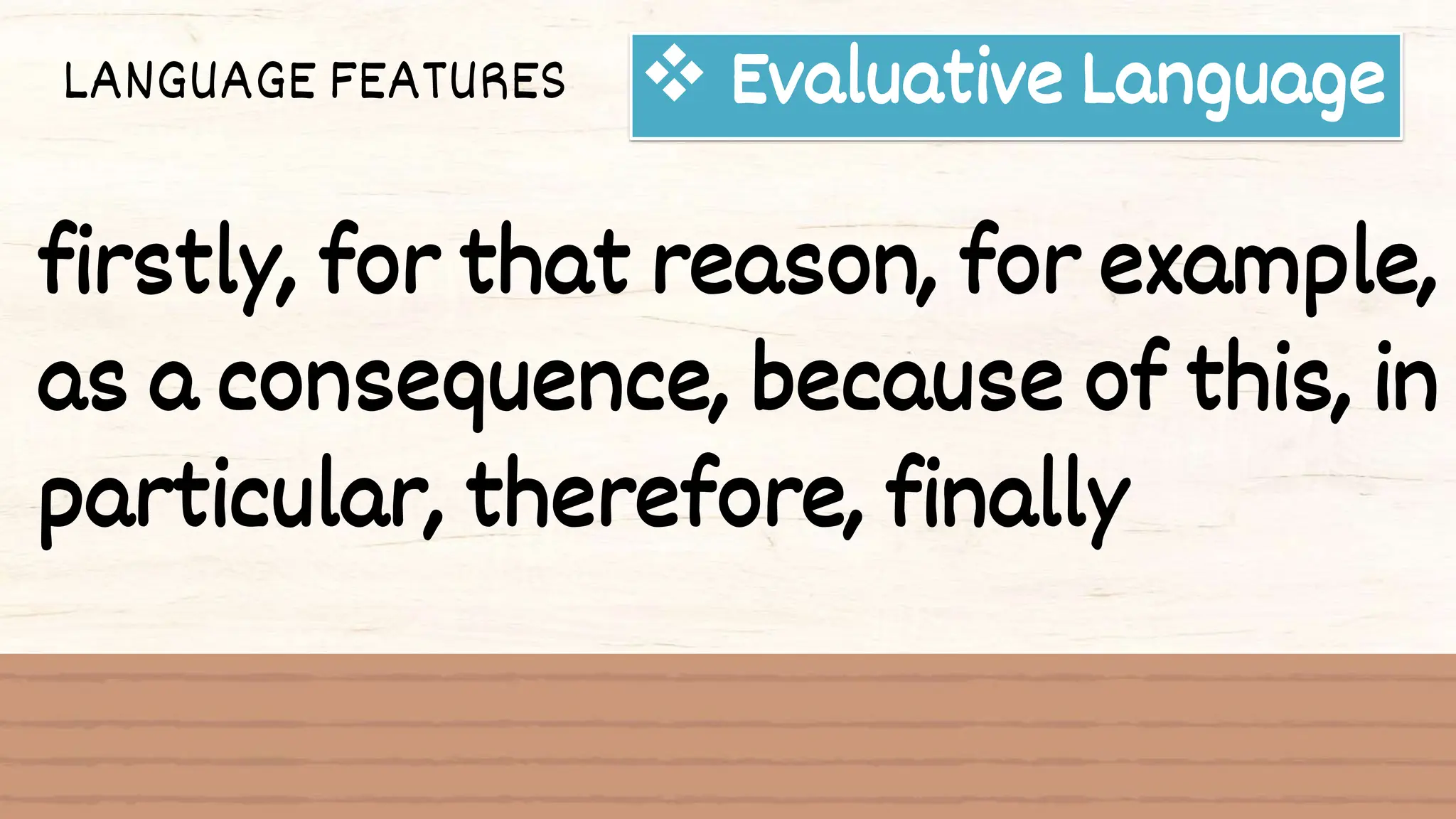 LANGUAGE FEATURES  Evaluative Language
firstly, for that reason, for example,
as a consequence, because of this, in
particular, therefore, finally
 