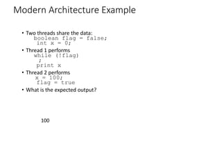 Modern Architecture Example
• Two threads share the data:
boolean flag = false;
int x = 0;
• Thread 1 performs
while (!flag)
;
print x
• Thread 2 performs
x = 100;
flag = true
• What is the expected output?
100
 