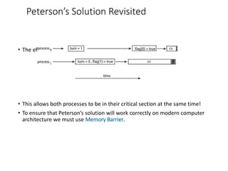 Peterson’s Solution Revisited
• The effects of instruction reordering in Peterson’s Solution
• This allows both processes to be in their critical section at the same time!
• To ensure that Peterson’s solution will work correctly on modern computer
architecture we must use Memory Barrier.
 