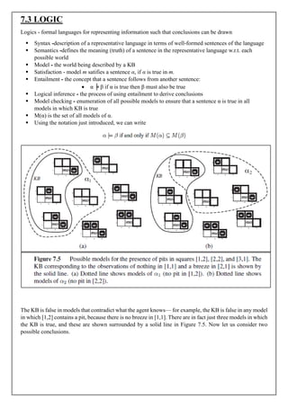 7.3 LOGIC
Logics - formal languages for representing information such that conclusions can be drawn
▪ Syntax -description of a representative language in terms of well-formed sentences of the language
▪ Semantics -defines the meaning (truth) of a sentence in the representative language w.r.t. each
possible world
▪ Model - the world being described by a KB
▪ Satisfaction - model m satifies a sentence α, if α is true in m.
▪ Entailment - the concept that a sentence follows from another sentence:
• α ╞ β if α is true then β must also be true
▪ Logical inference - the process of using entailment to derive conclusions
▪ Model checking - enumeration of all possible models to ensure that a sentence α is true in all
models in which KB is true
▪ M(α) is the set of all models of α.
▪ Using the notation just introduced, we can write
The KB is false in models that contradict what the agent knows— for example, the KB is false in any model
in which [1,2] contains a pit, because there is no breeze in [1,1]. There are in fact just three models in which
the KB is true, and these are shown surrounded by a solid line in Figure 7.5. Now let us consider two
possible conclusions.
 