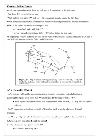 Contours in State Space:
• As f-costs are nondecreasing along any path we can draw contours in the state space.
• See figure 3.25 on the following page
• With uniform-cost search (A* with h(n) = 0), contours are circular around the start state.
• With more accurate heuristics, the bands will stretch towards the goal state and become more narrow
• If C* is the cost of the optimal solution path, then
• A* expands all nodes with f(n) < C*
• A* may expand some nodes with f(n) = C* before finding the goal state.
• Completeness requires that there are only finitely many nodes with cost less than or equal to C*, which is
true if all step costs exceed some finite ε and if b is finite.
A* is Optimally Efficient
• A* is optimally efficient for any given consistent heuristic, i.e. no other optimal algorithm is
guaranteed to expand fewer nodes than A* (except possibly for nodes with f(n) = C*).
• This is because any algorithm that does not expand all nodes with f(n) < C* may miss the optimal
solution.
• So A* is complete, optimal and optimally efficient, but it still is not the solution to all search
problems:
• As A* keeps all generated solutions in memory it runs out of space long before it runs out of time.
3.5.3 Memory-bounded Heuristic Search
How to reduce memory requirements of A*?
• Use iterative deepening A* (IDA*) .
 