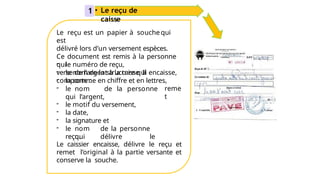 Le reçu est un papier à souchequi
est
délivré lors d’un versement espèces.
Ce document est remis à la personne
qui
verse de l’argent à la caisse. Il
comporte :
reme
t
- le numéro de reçu,
- le nom de la structure qui encaisse,
- la somme en chiffre et en lettres,
- le nom de la personne
qui l’argent,
- le motif du versement,
- la date,
- la signature et
- le nom de la personne
qui délivre le
reçu.
Le caissier encaisse, délivre le reçu et
remet l’original à la partie versante et
conserve la souche.
• Le reçu de
caisse
1
 